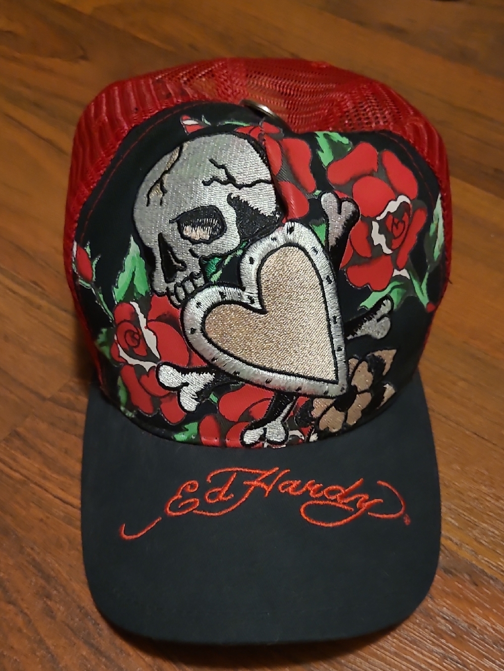 Ed Hardy Red Black Skull & Rose Heart Embroidered Trucker Hat